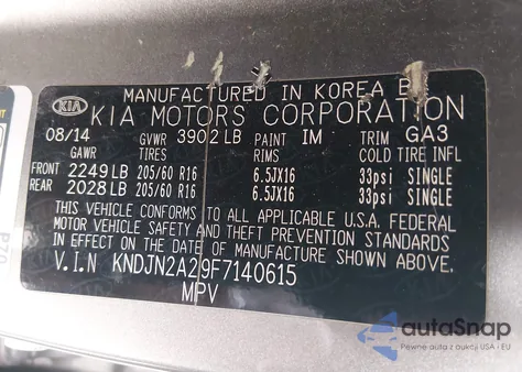 2015 Kia Soul из США, поврежденный, VIN KNDJN2A29F7140615